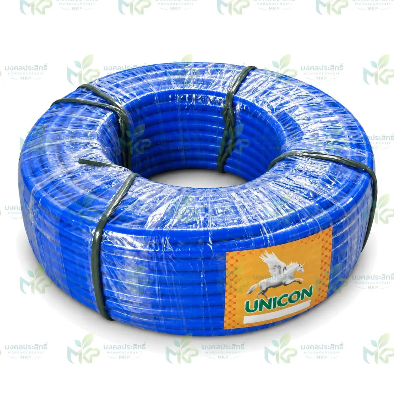 ม้วนสายยางสีฟ้า ตรา UNICON ห่อพลาสติกใส มัดด้วยเชือก