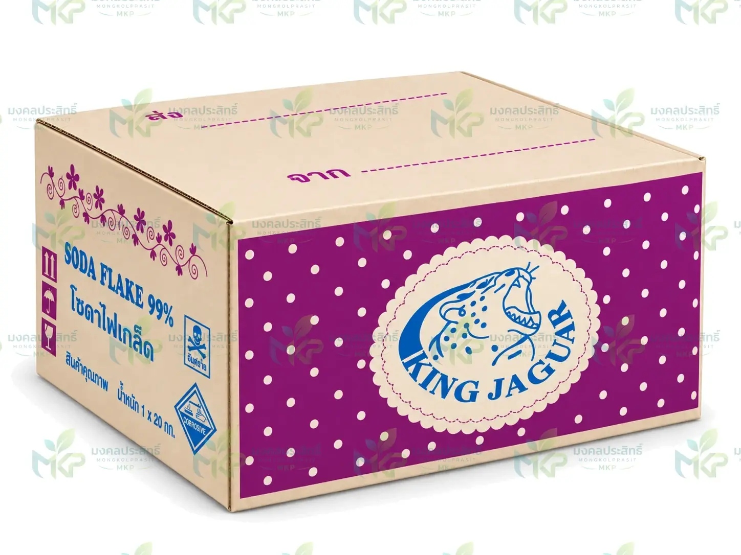 ลังกระดาษโซดาไฟเกล็ด 99% ตรา KING JAGUAR น้ำหนัก 20 กก. พร้อมสัญลักษณ์อันตรายและสารกัดกร่อน