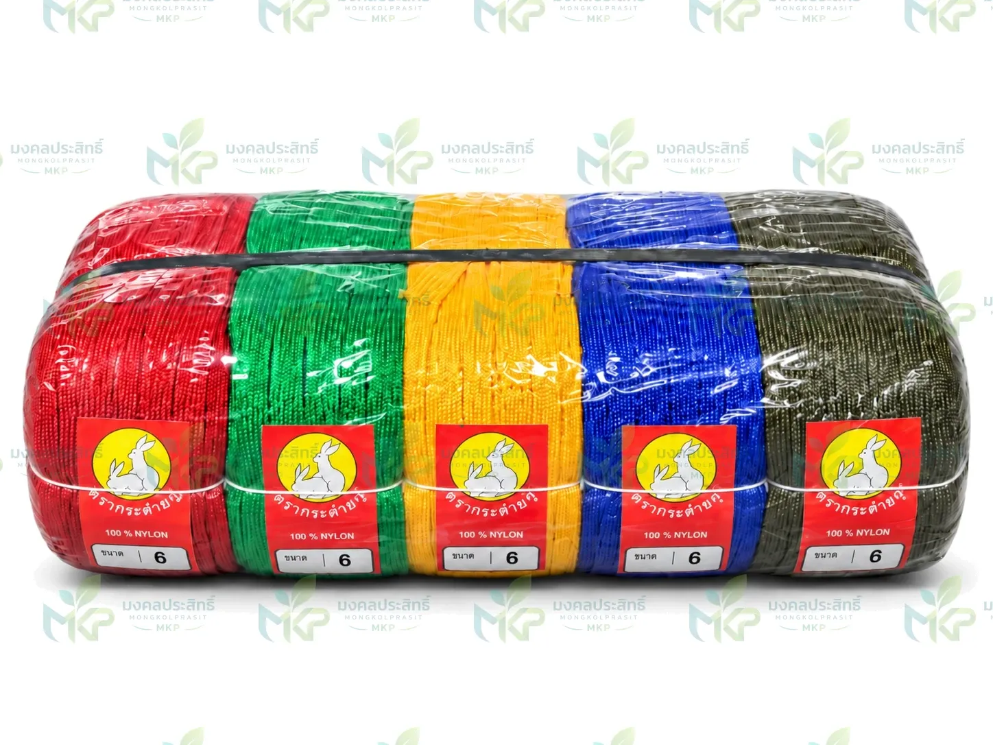 เชือกถักแบนตรากระต่ายคู่ ขนาด 6 ห่อพลาสติกรวมแถว 5 ลูกคละสี แดง เขียว เหลือง น้ำเงิน และขี้ม้า