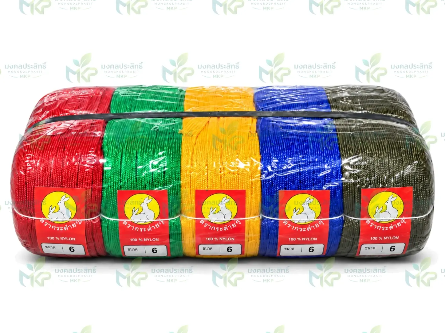 เชือกถักแบนตรากระต่ายคู่ ขนาด 6 ห่อพลาสติกรวมแถว 5 ลูกคละสี แดง เขียว เหลือง น้ำเงิน และขี้ม้า