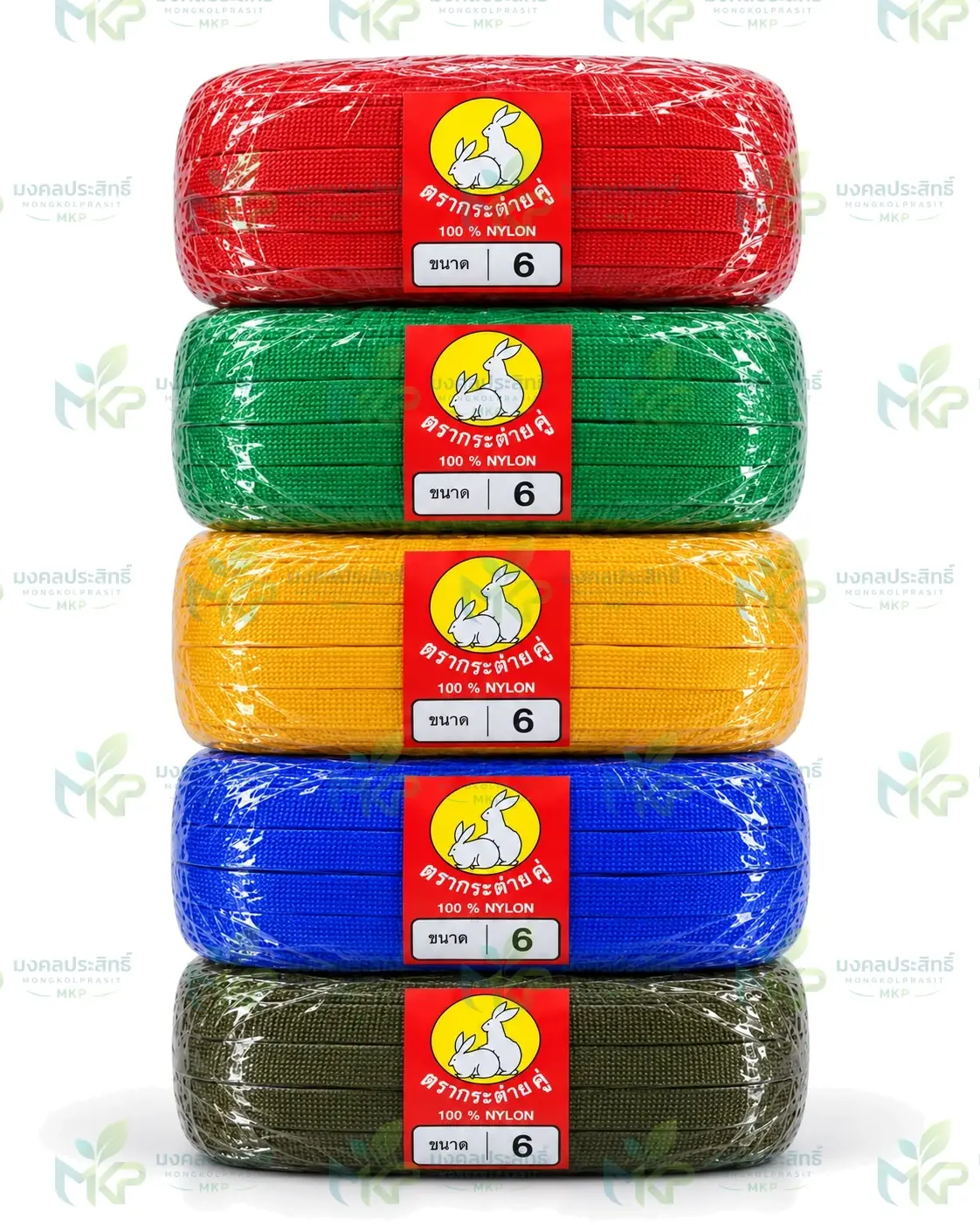 เชือกถักแบนตรากระต่ายคู่ ขนาด 6 ห้าสีวางซ้อนกัน แดง เขียว เหลือง น้ำเงิน และขี้ม้า