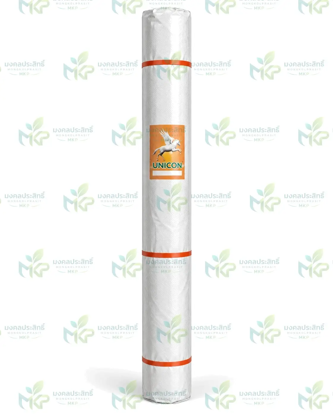 ม้วนพลาสติกปูบ่อห่อด้วยผ้าฟางสีขาว รัดสายสีส้ม ติดฉลาก UNICON