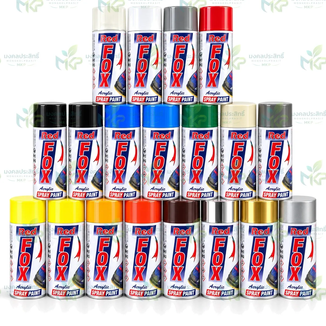 สีสเปรย์อะครีลิค Red Fox หลายสีวางเรียงเป็นพีระมิด
