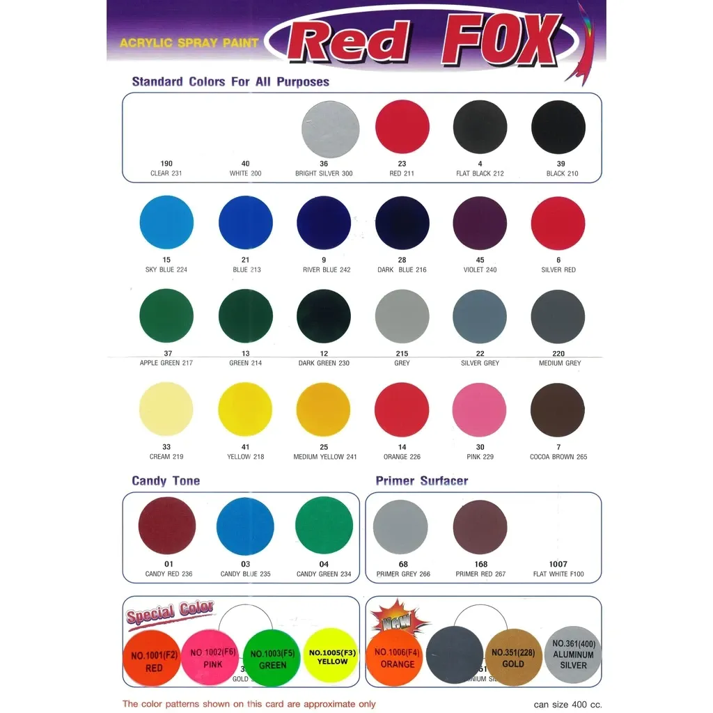 ชาร์ตสีสเปรย์อะครีลิค Red Fox แสดงสีและเบอร์สี ขนาดกระป๋อง 400 ซีซี