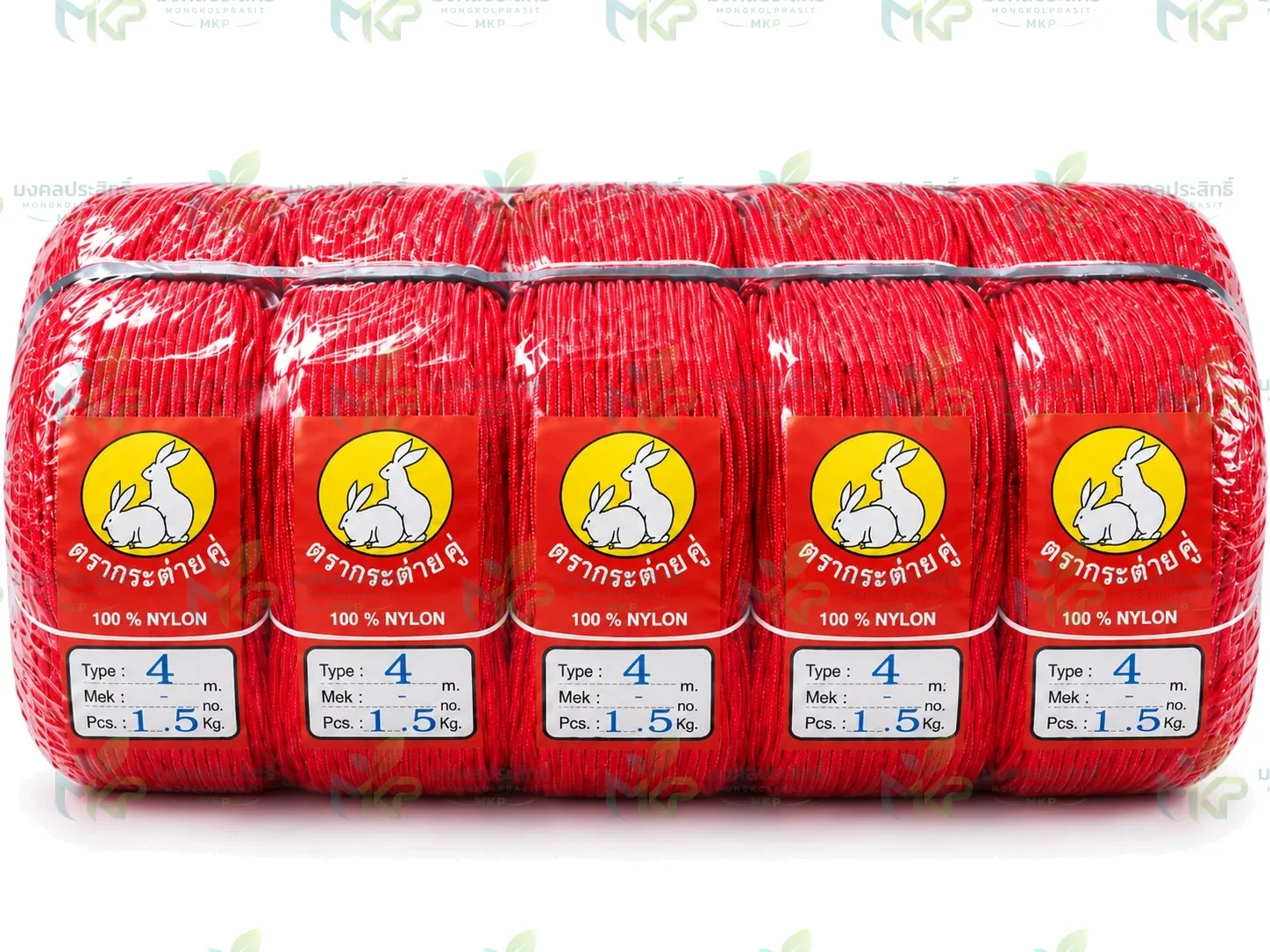 เชือกถักกลมสีแดง ตรากระต่ายคู่ ห่อพลาสติกรวมมัด ฉลาก 100% NYLON Type 4 น้ำหนัก 1.5 กก.
