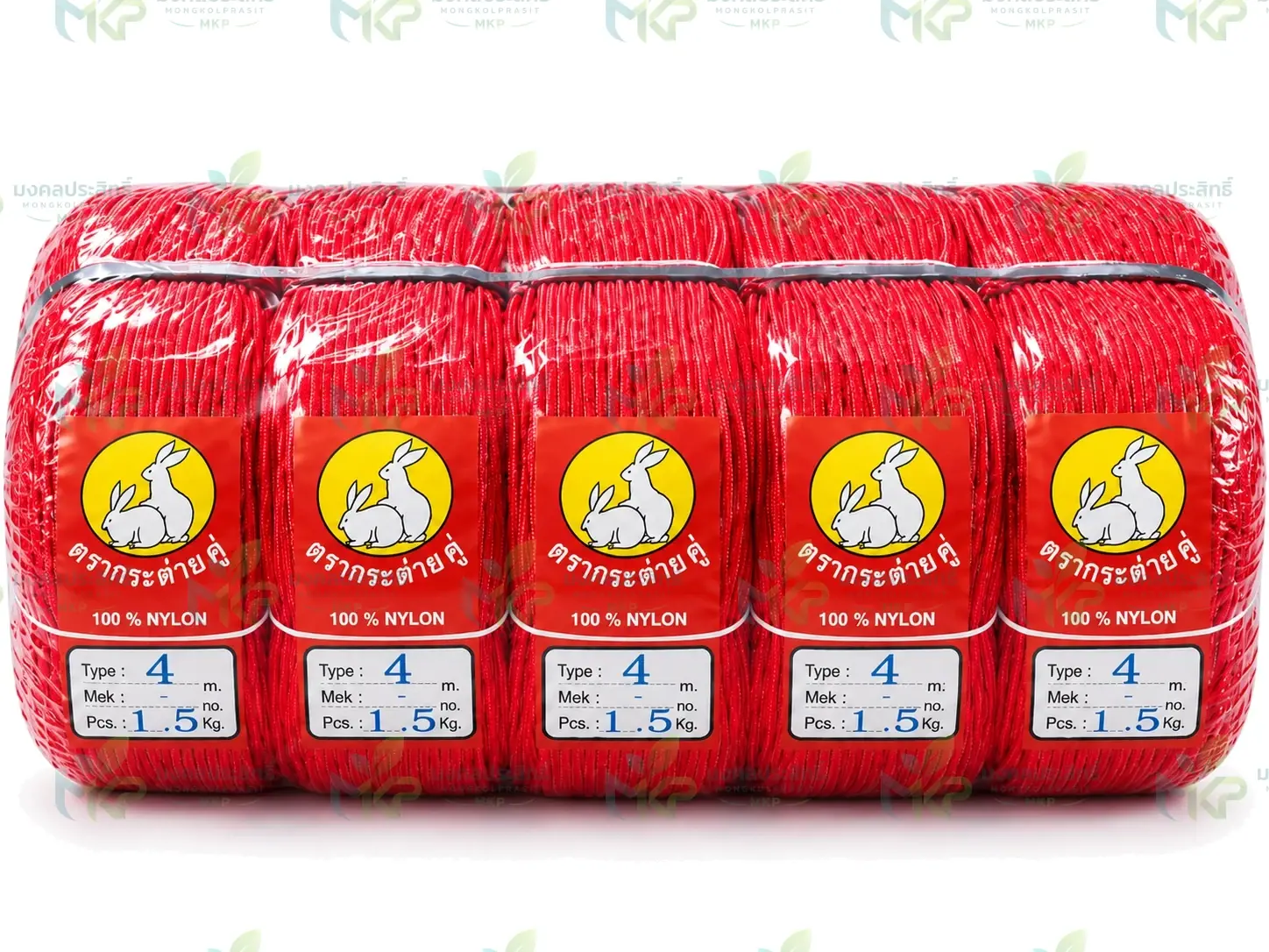 เชือกถักกลมสีแดง ตรากระต่ายคู่ ห่อพลาสติกรวมมัด ฉลาก 100% NYLON Type 4 น้ำหนัก 1.5 กก.