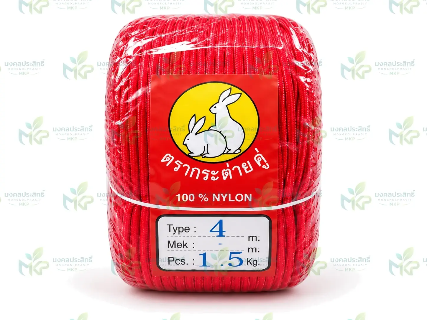 ม้วนเชือกถักกลมสีแดง ตรากระต่ายคู่ ฉลาก 100% NYLON Type 4 น้ำหนัก 1.5 กก.