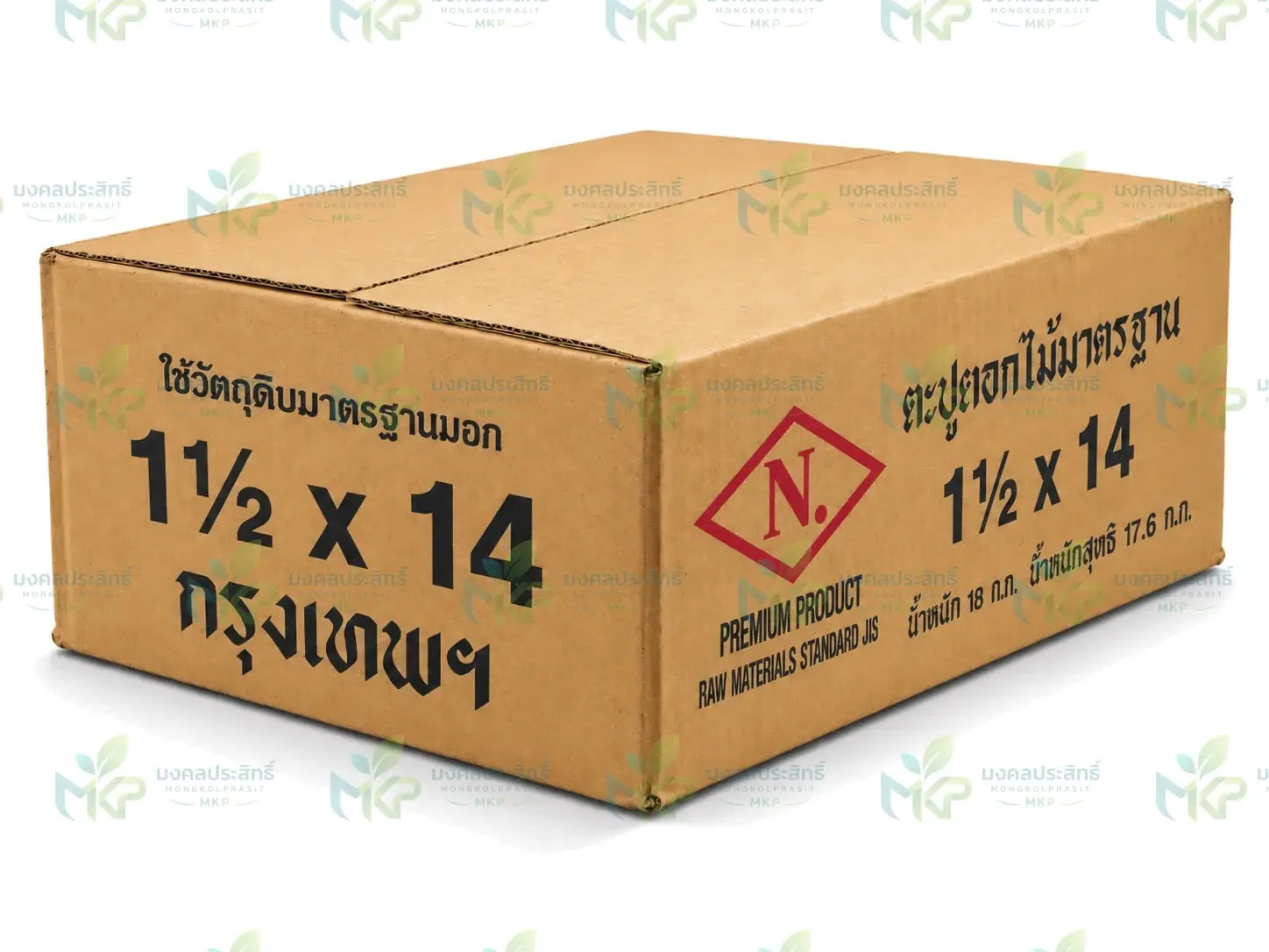 กล่องกระดาษตะปูตอกไม้มาตรฐาน ตรา N. ขนาด 1½ × 14 น้ำหนัก 18 กก.